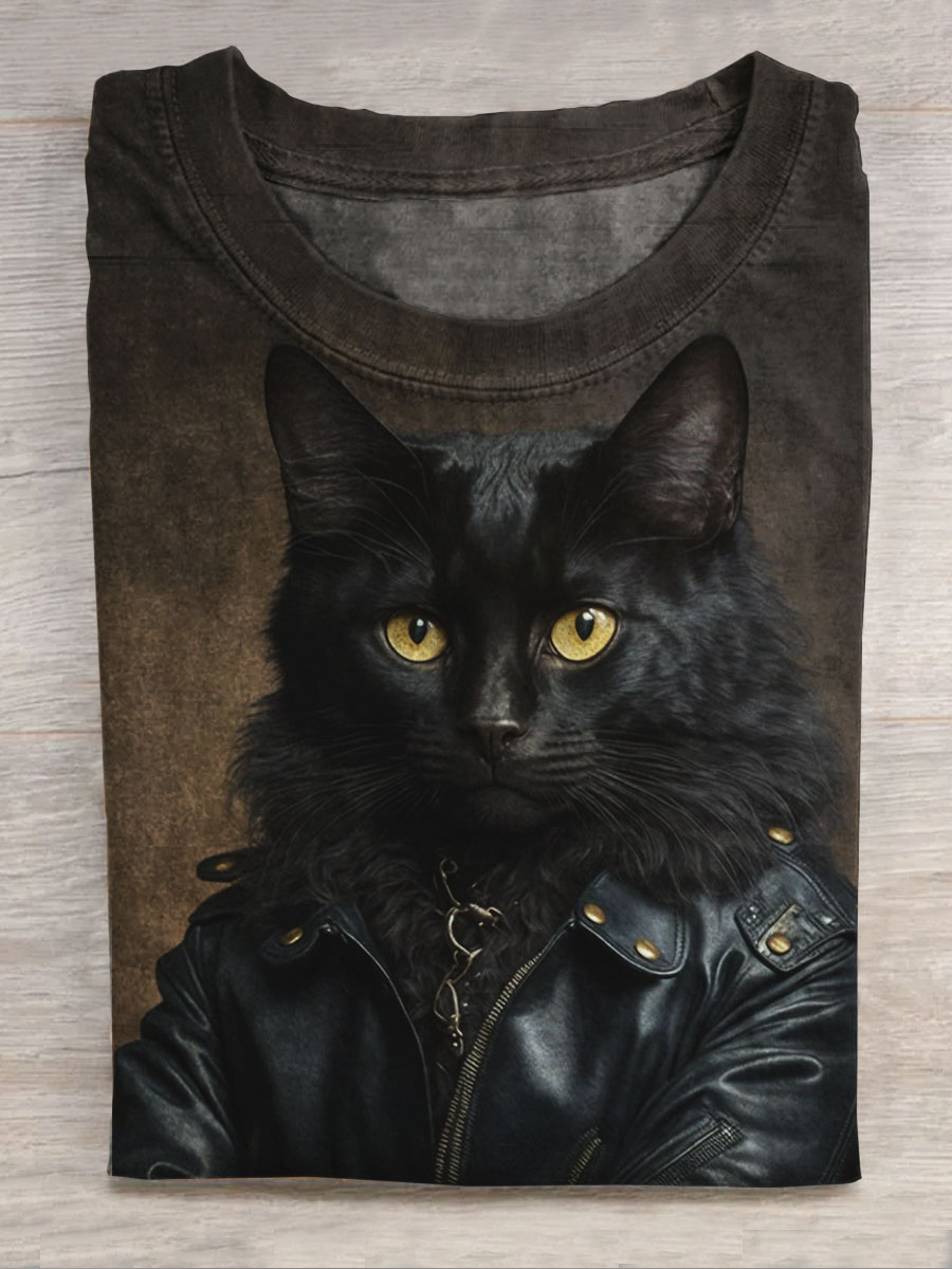 Dark Cat Print Short Sleeve Top