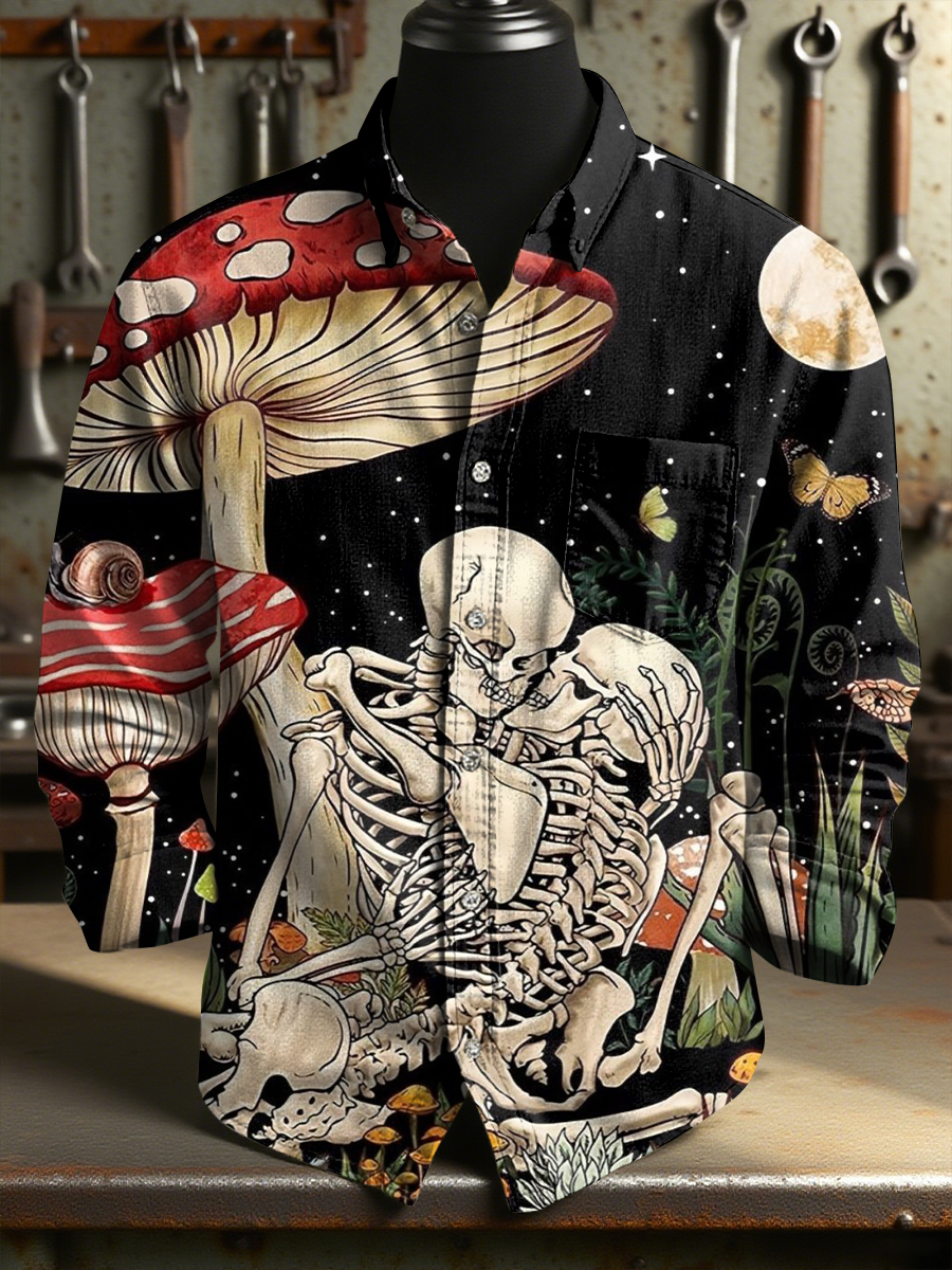 Retro Mushrooms Skull Art Print 100% Cotton Long Sleeve Shirt