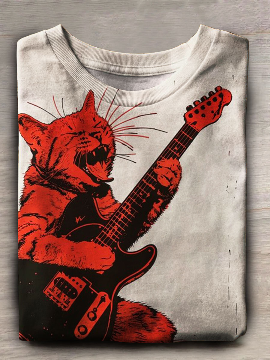 Rock Cat Print Short Sleeve Top