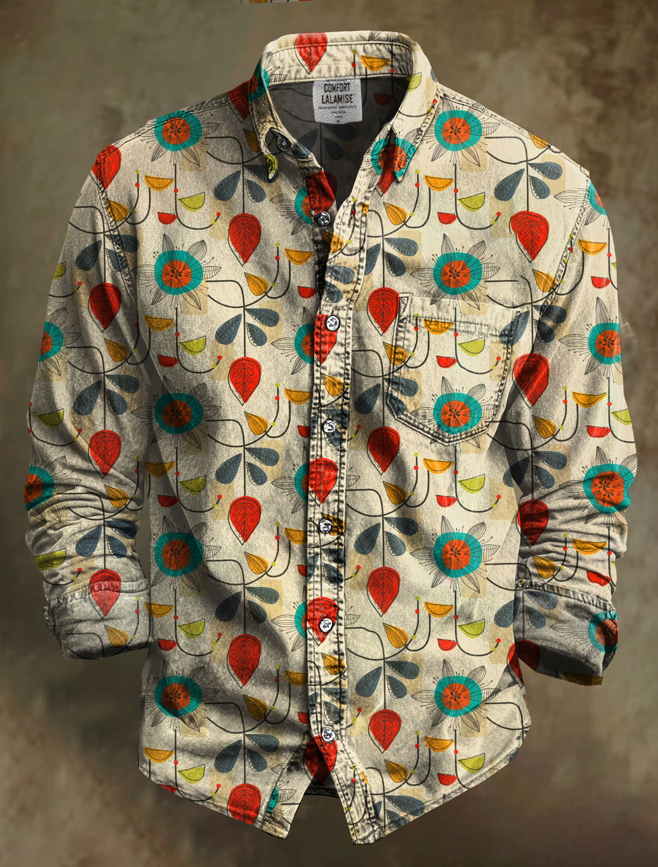 Vintage 1950's Mid Century Modern Art Print 100% Cotton Long Sleeve Shirt