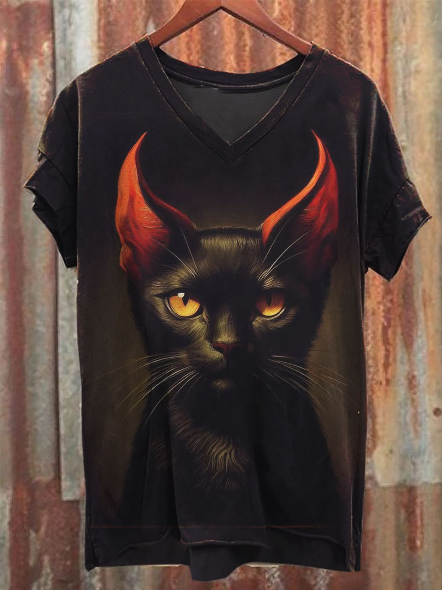 Devil Cat Print V-neck Casual T-Shirt
