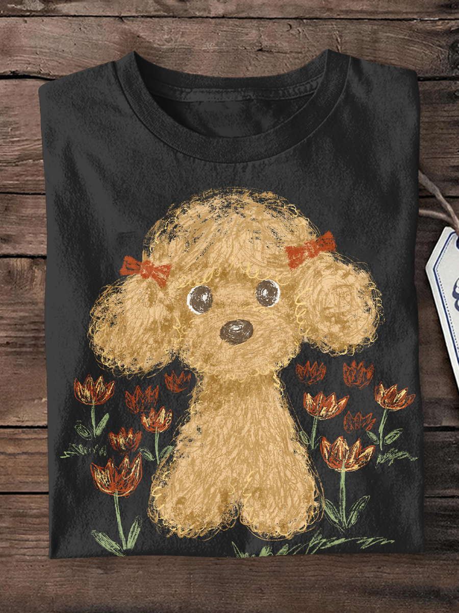 Dog Art Printed Round Neck Short Sleeve T-Shirt