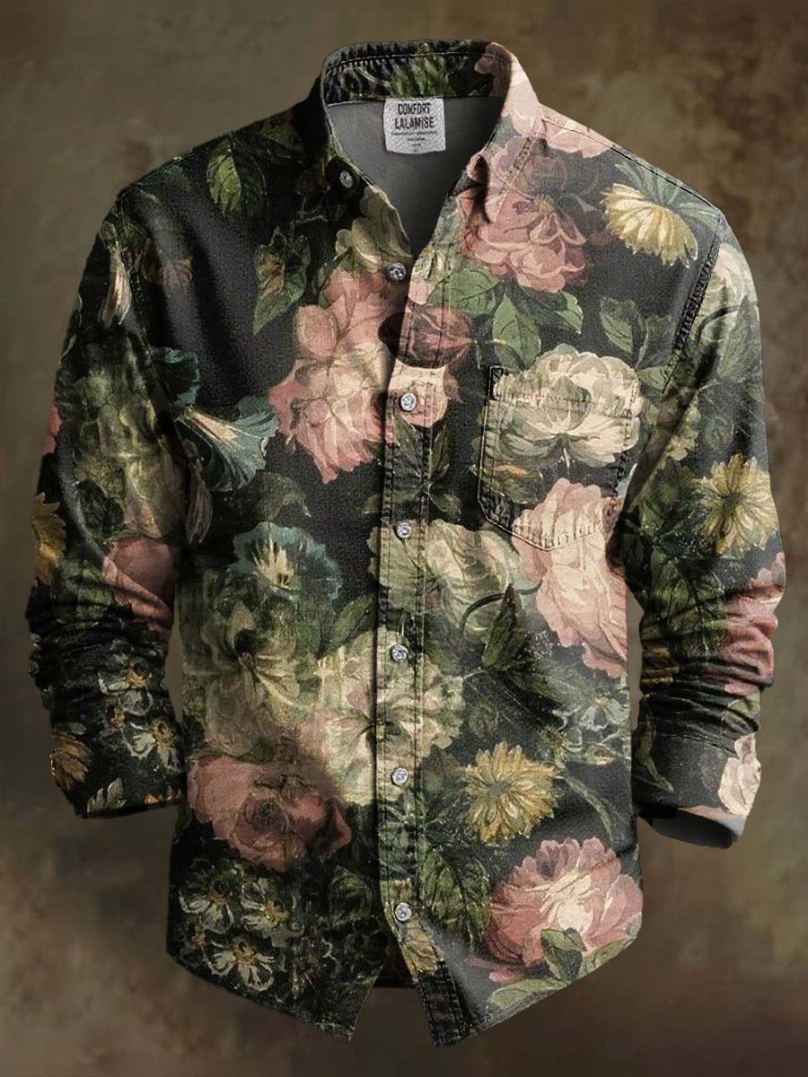 Vintage Flower Print 100% Cotton Long Sleeve Shirt