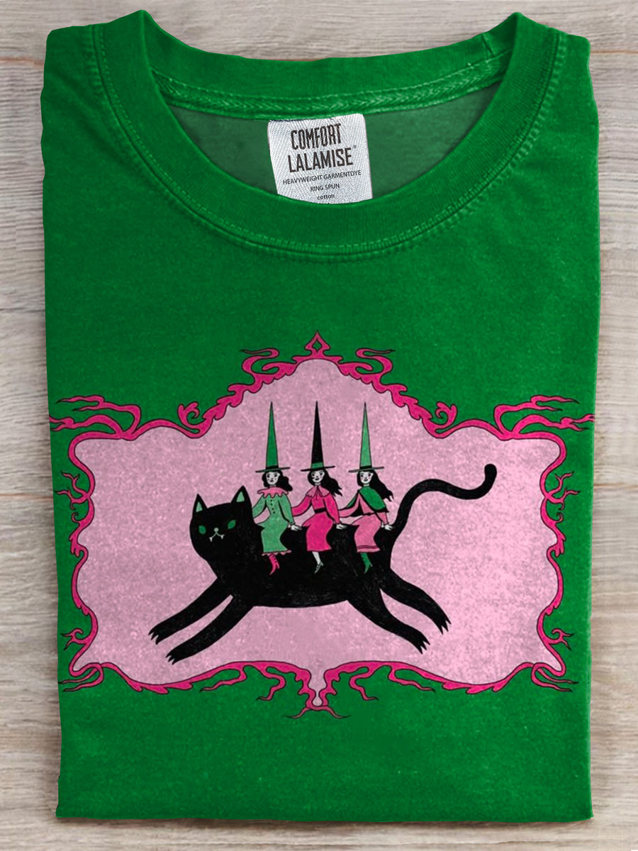 Witch and Cat Art Print Casual T-shirt
