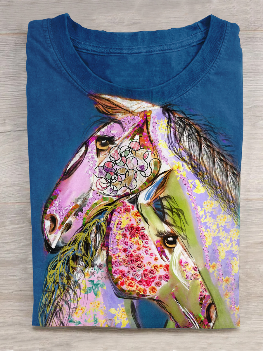 Horse Art Print Crew Neck T-shirt