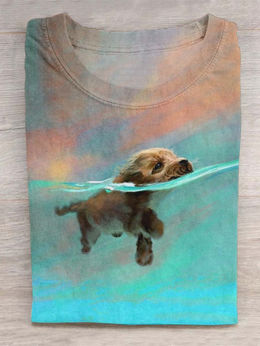 Dog Swimming in Water Print Design T-shirt