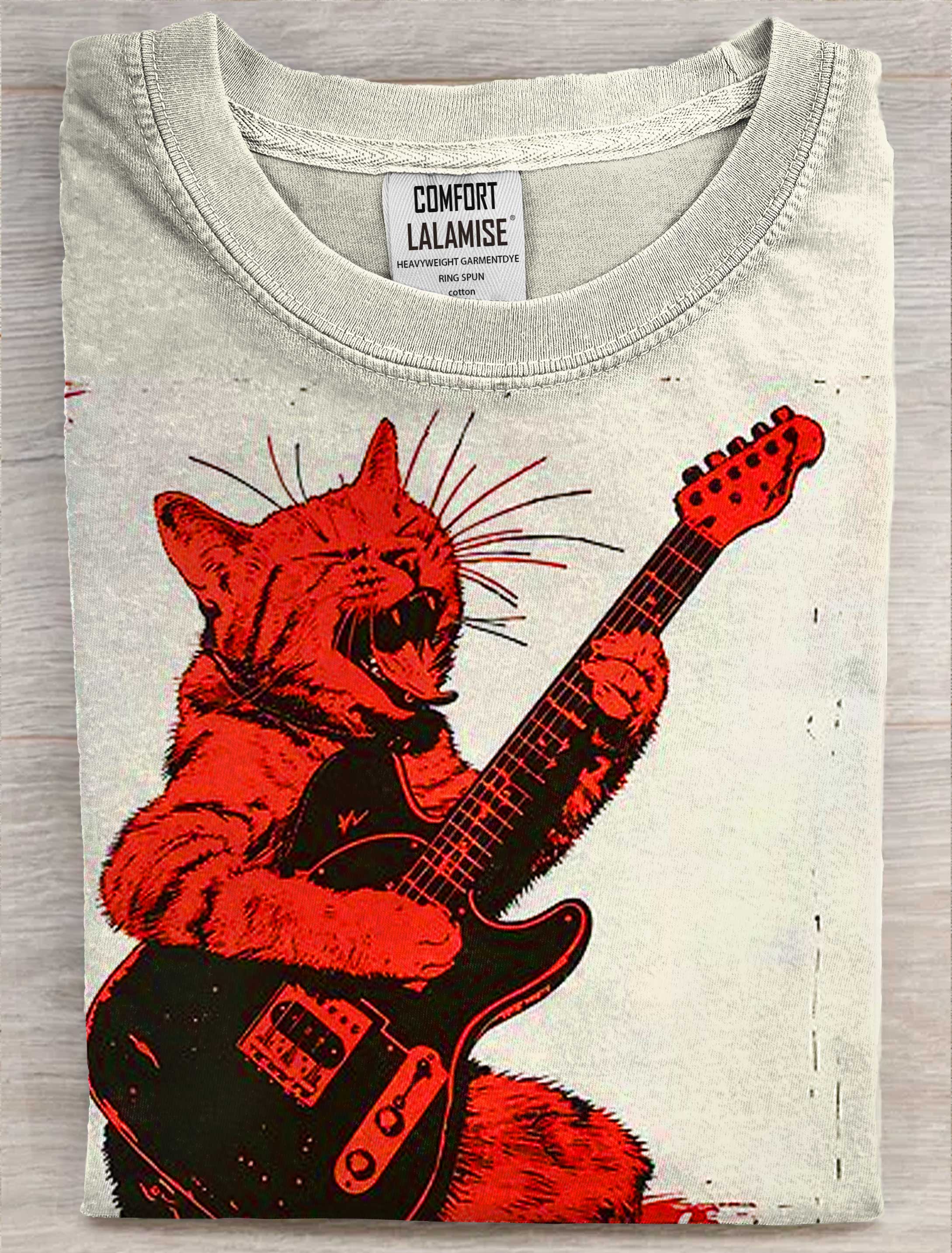 Funny Cat Play Guitar Art Print Casaul Short Sleeve T-shirt