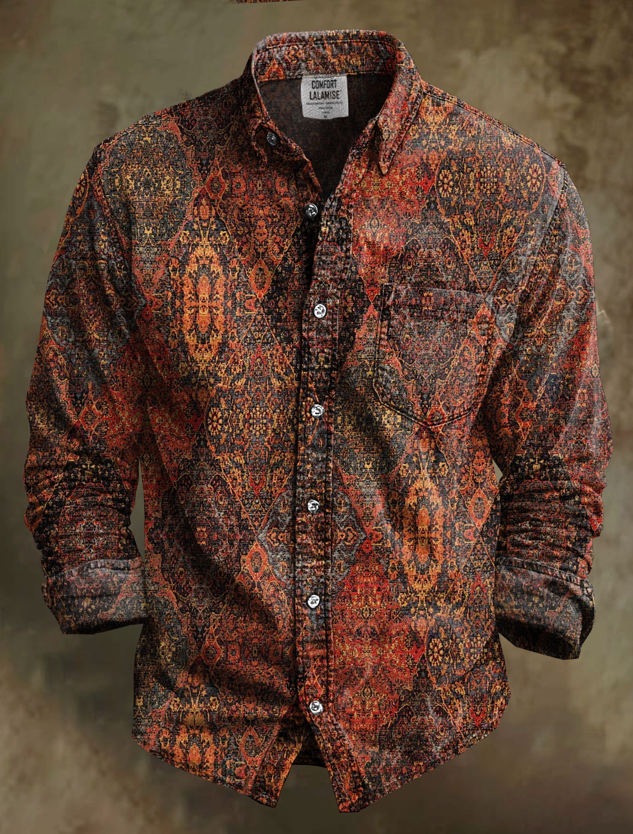 Vintage Ethinic Art Print 100% Cotton Long Sleeve Shirt