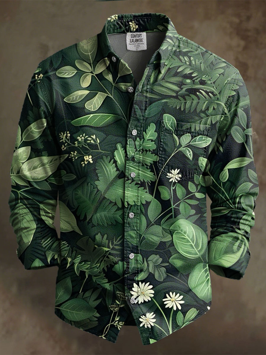 Vintage Green Leaves Art Print 100% Cotton Long Sleeve Shirt