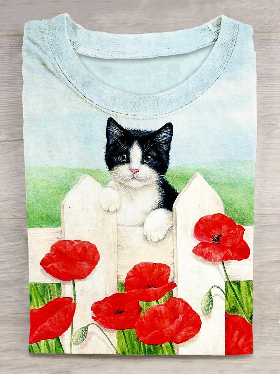 Unisex Cat And Flowers Printed Vintage Fashion Loose Short Sleeve T-Shirt