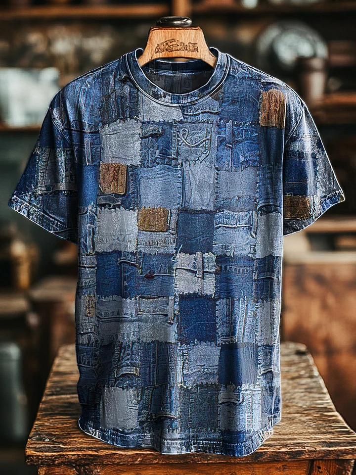 Women's Vintage Denim Color Patchwork Pattern Round Neck Top