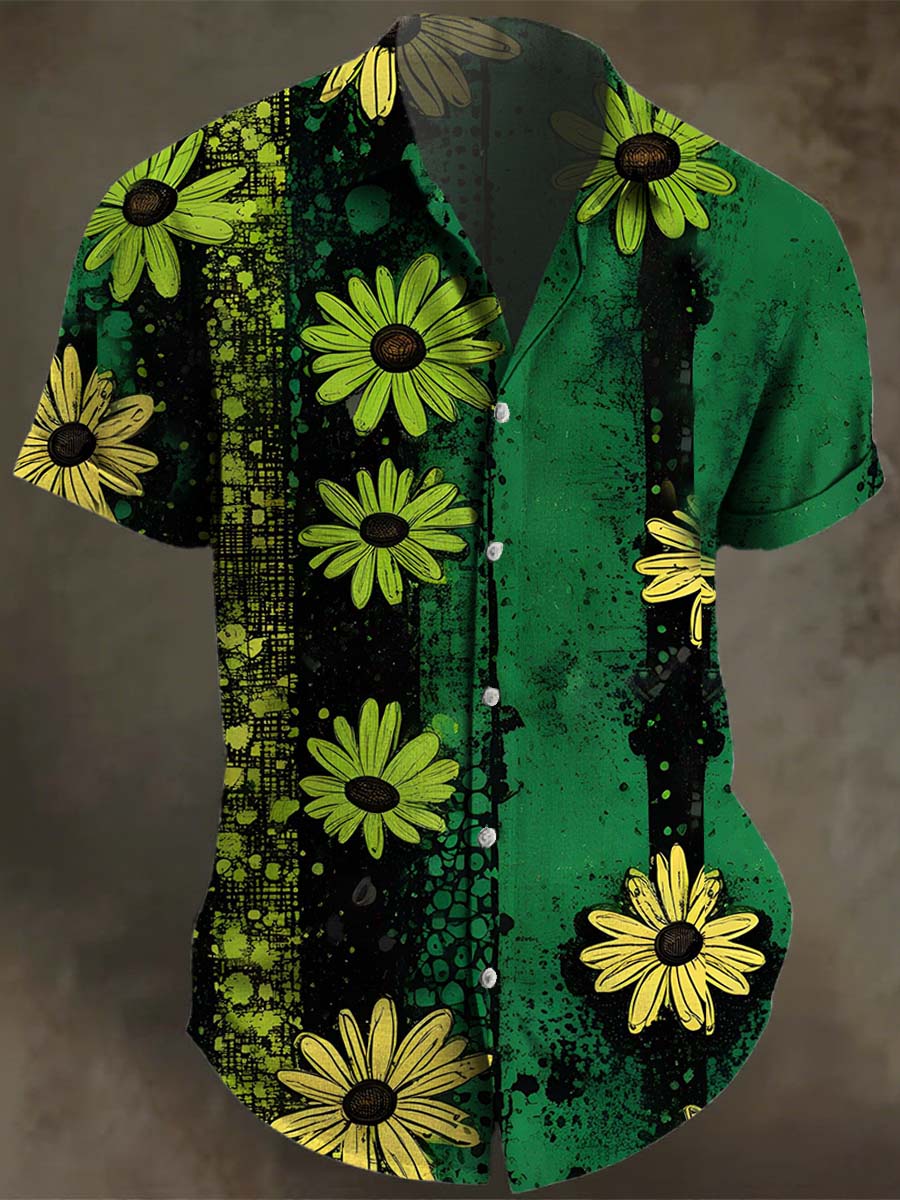 Vintage Green Stripes Daisy Print Casual 100% Cotton Shirt