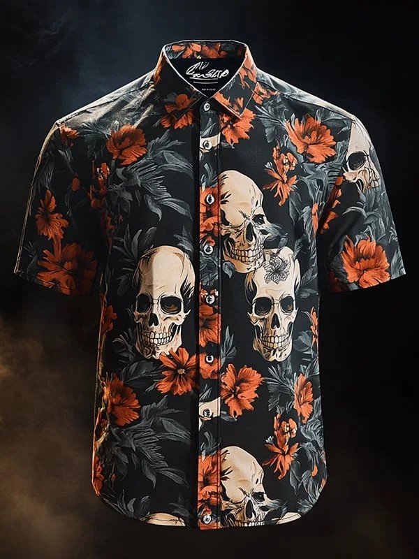 Daisy Floral Skull Print Casual 100% Cotton Shirt