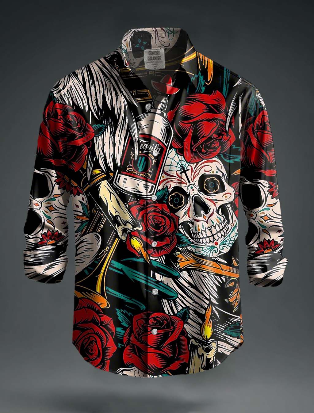 Mexican Rose of the Dead Skull Print 100% Cotton Long Sleeve Shirt