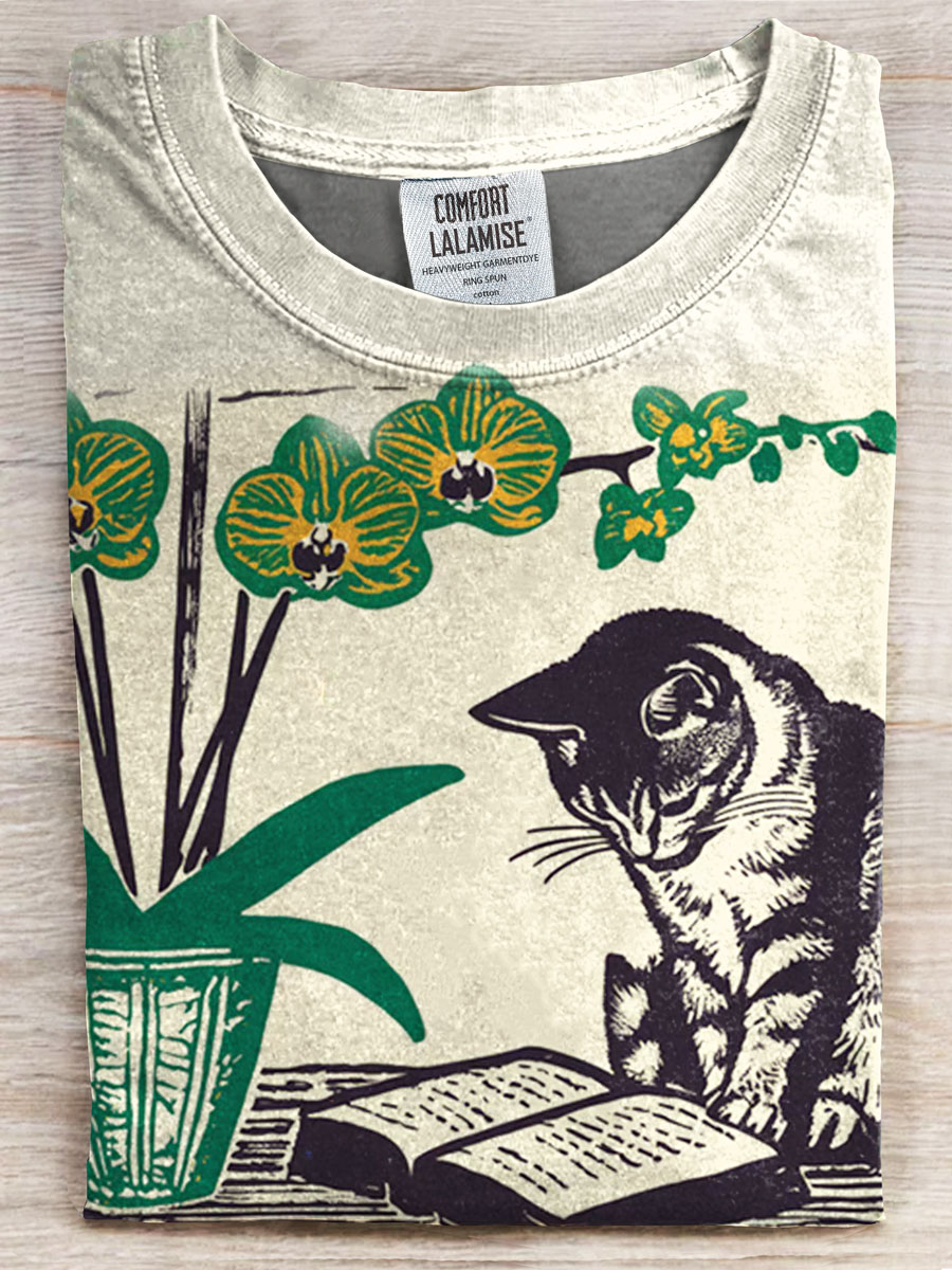Vintage Cat Print Casual Tee