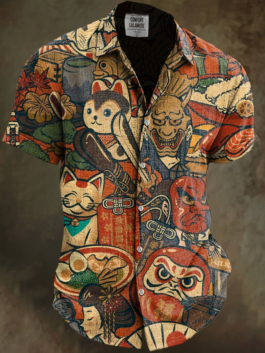 Vintage Japanese Monster Art Print Casual Cotton And Linen Shirt