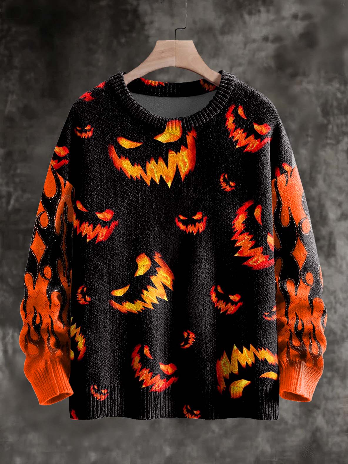 Halloween Pumpkin Evil Flame Print Knit Pullover Sweater