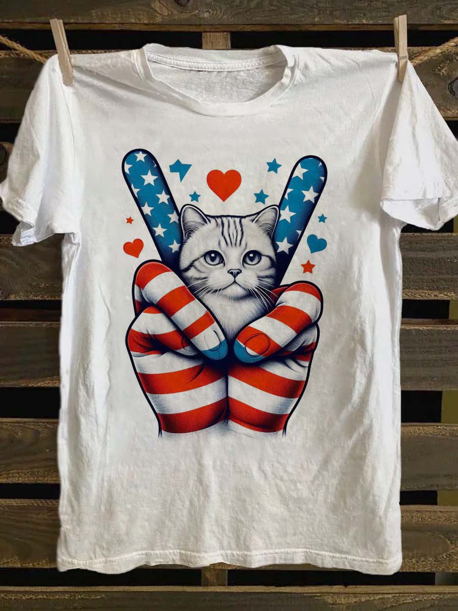 Independence Day Cat Print Casual Short Sleeve T-Shirt