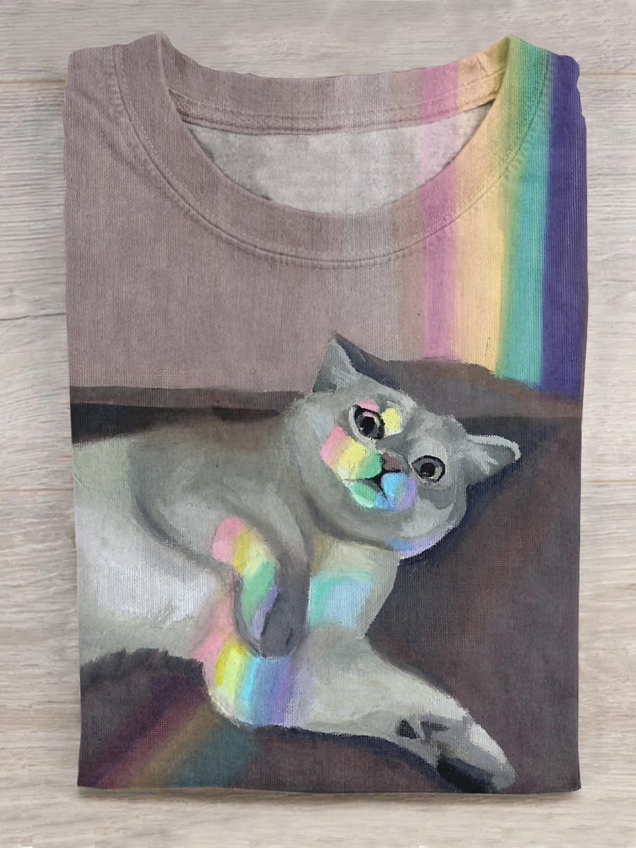Rainbow Cat Art Print Casual Short Sleeve T-Shirt