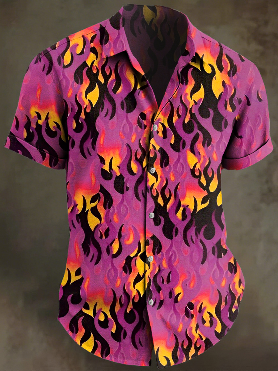 Vintage Multicolor Flame Art Print Casual 100% Cotton Shirt