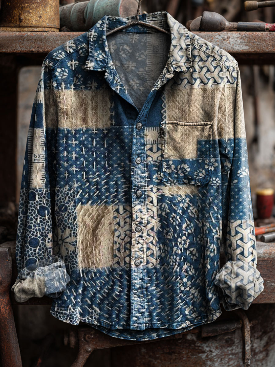 Vintage Patchwork Art Print 100% Cotton Long Sleeve Shirt