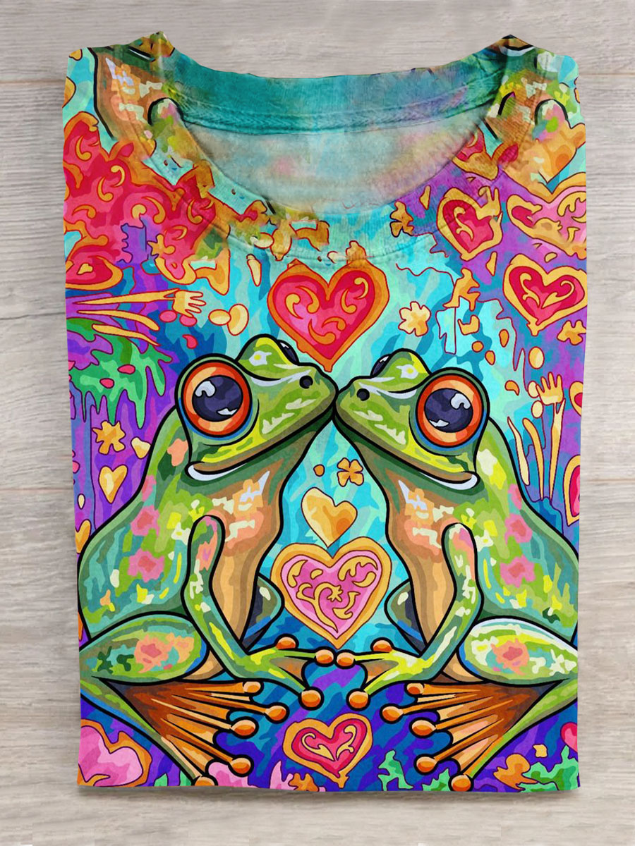 Funny Frog Print Crew Neck Short Sleeve T-Shirt