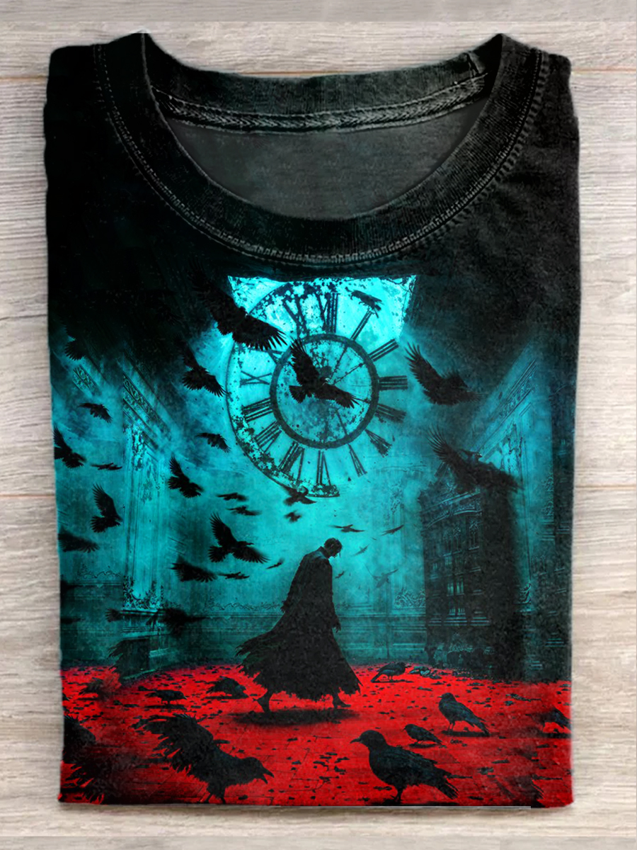 Retro Crow Graffiti Art Print Casual Short Sleeve T-Shirt