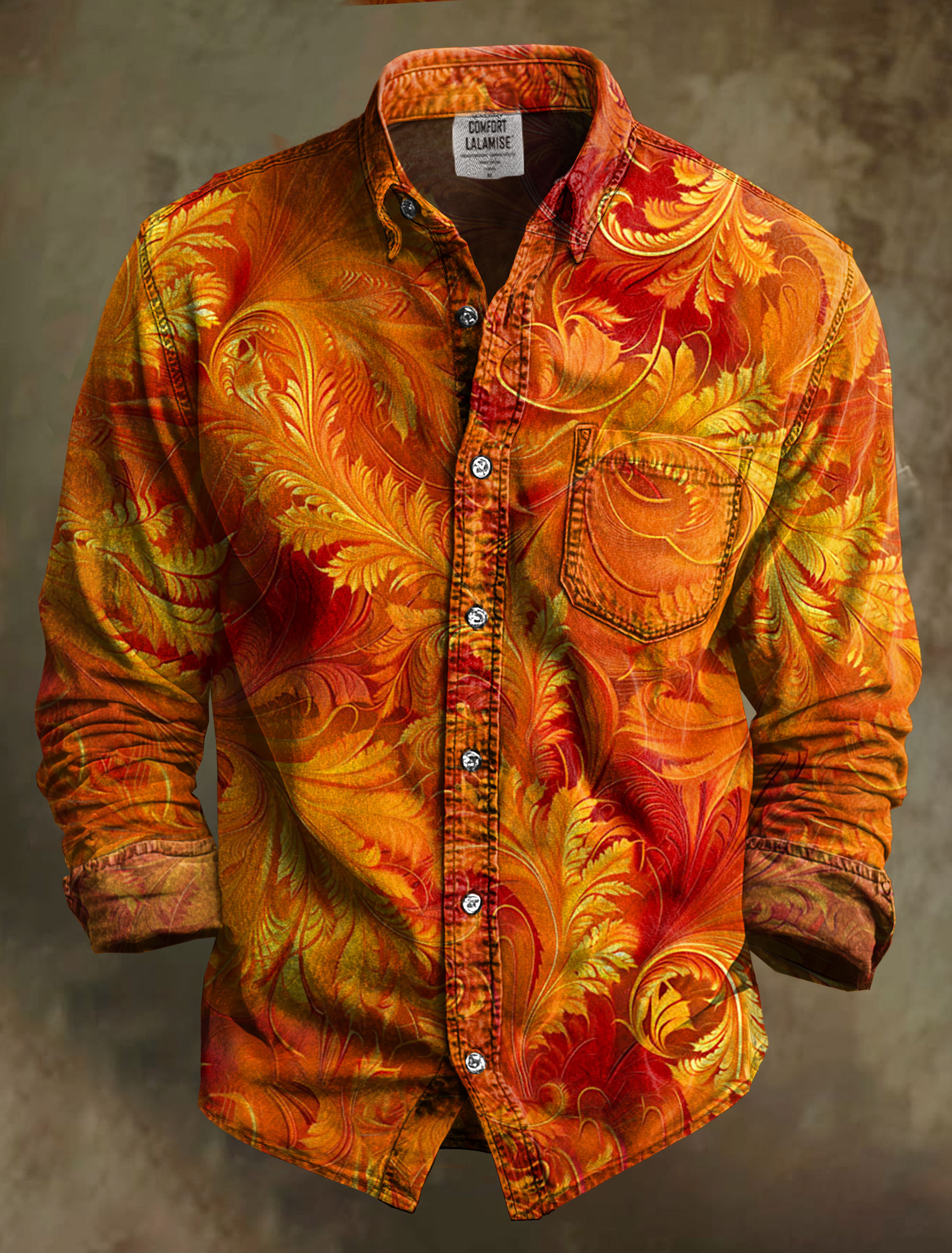 Vintage Feathered Scroll Pumpkin Spice Art Print 100% Cotton Long Sleeve Shirt