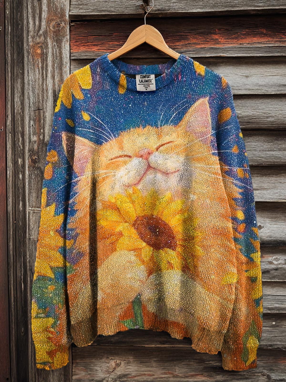 Vintage Fantasy Sunflower Cute Cat Art Print Knit Pullover Sweater