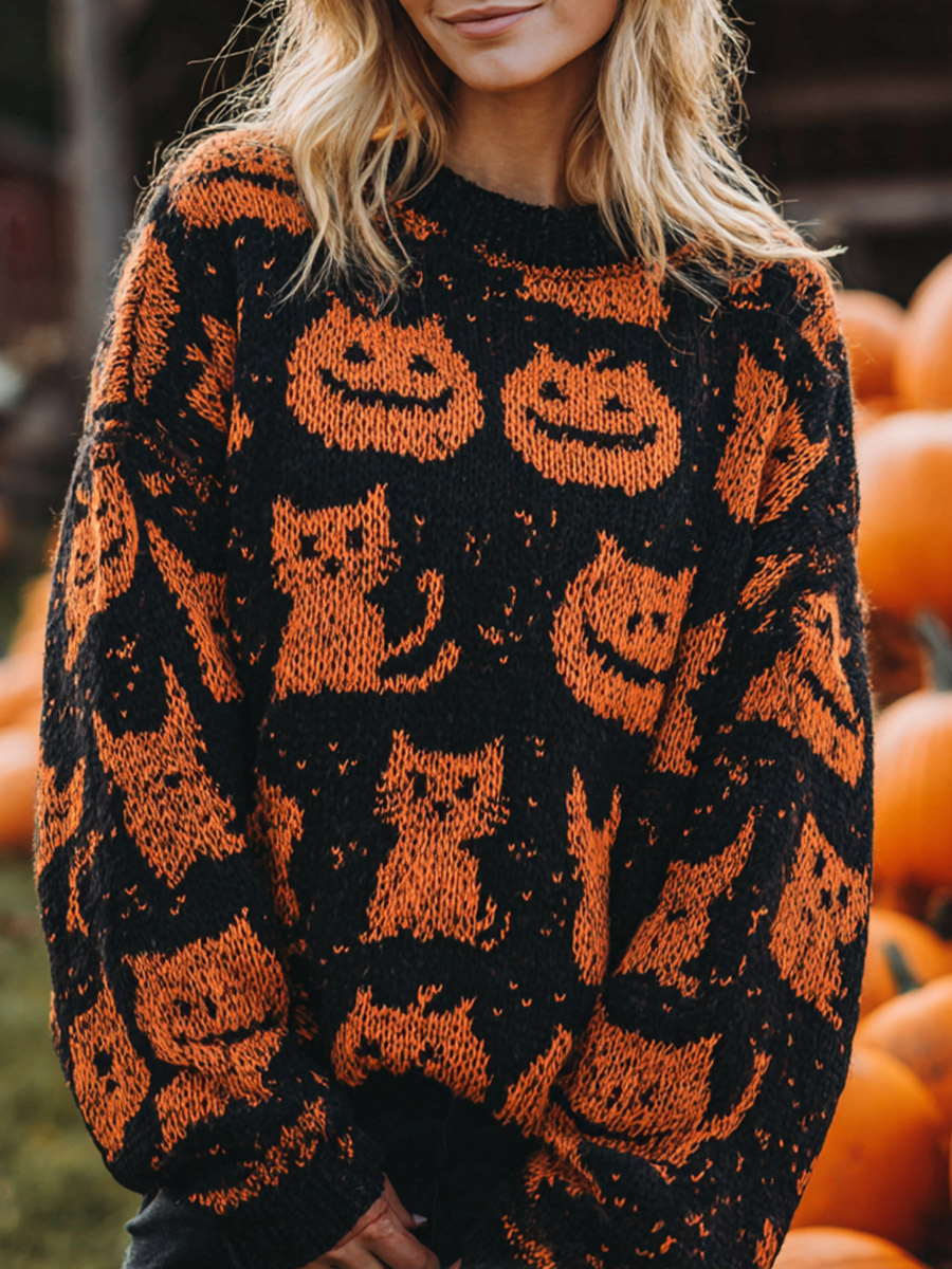 Vintage Halloween Pumpkin Cat Print Knit Pullover Sweater