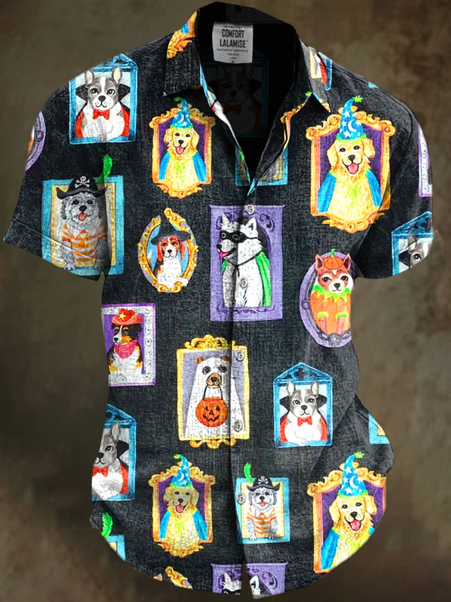 Halloween Dogs Art Print Casual Cotton And Linen Shirt