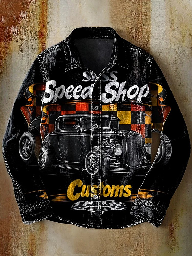 Retro Rock Sedan Speed Shop Customs Art Print 100% Cotton Long Sleeve Shirt