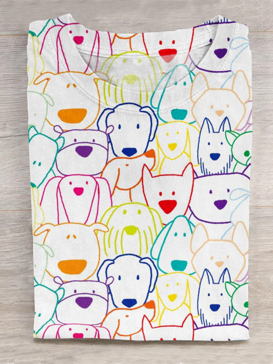 Rainbow Dog Art Print Casual Short Sleeve T-Shirt