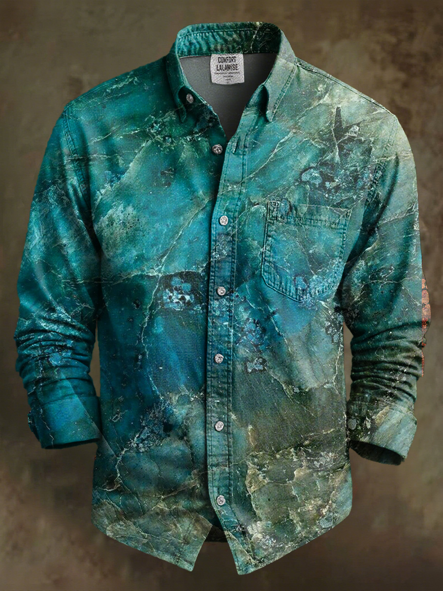 Blue Gradient Marble Print 100% Cotton Long Sleeve Shirt
