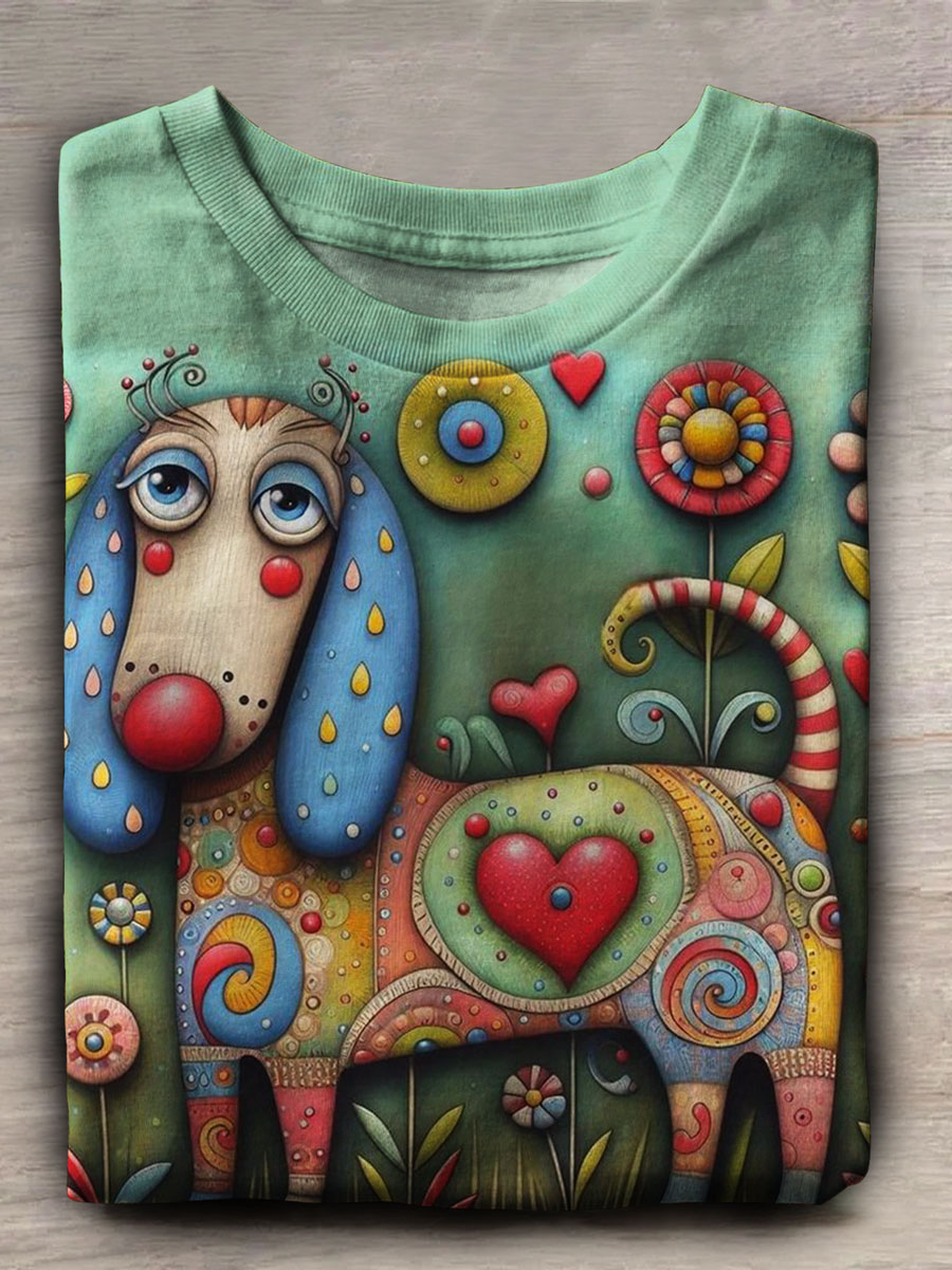 Dog Art Print Casaul Short Sleeve T-shirt