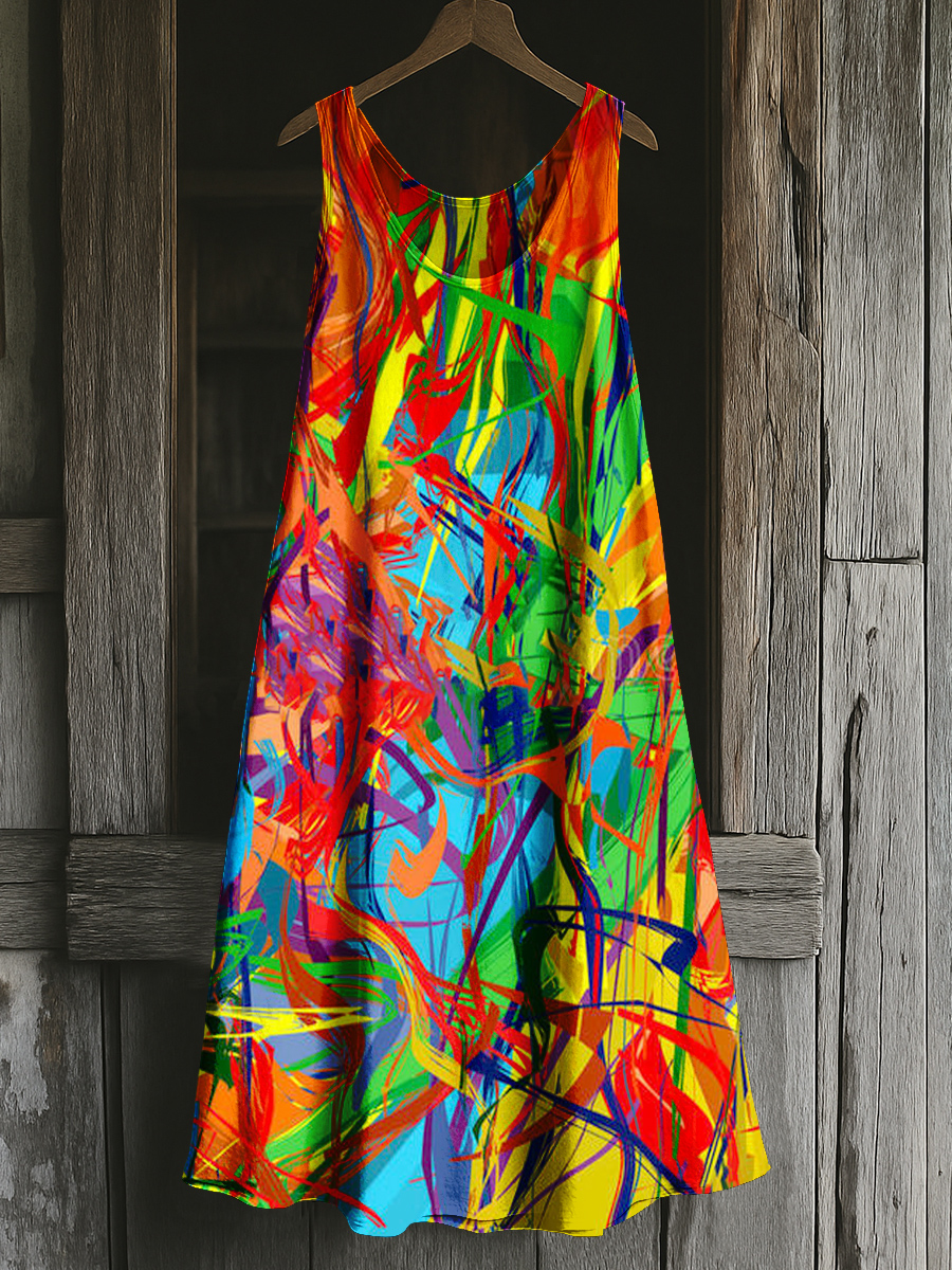 Rainbow abstract line ink art print casual vest dress