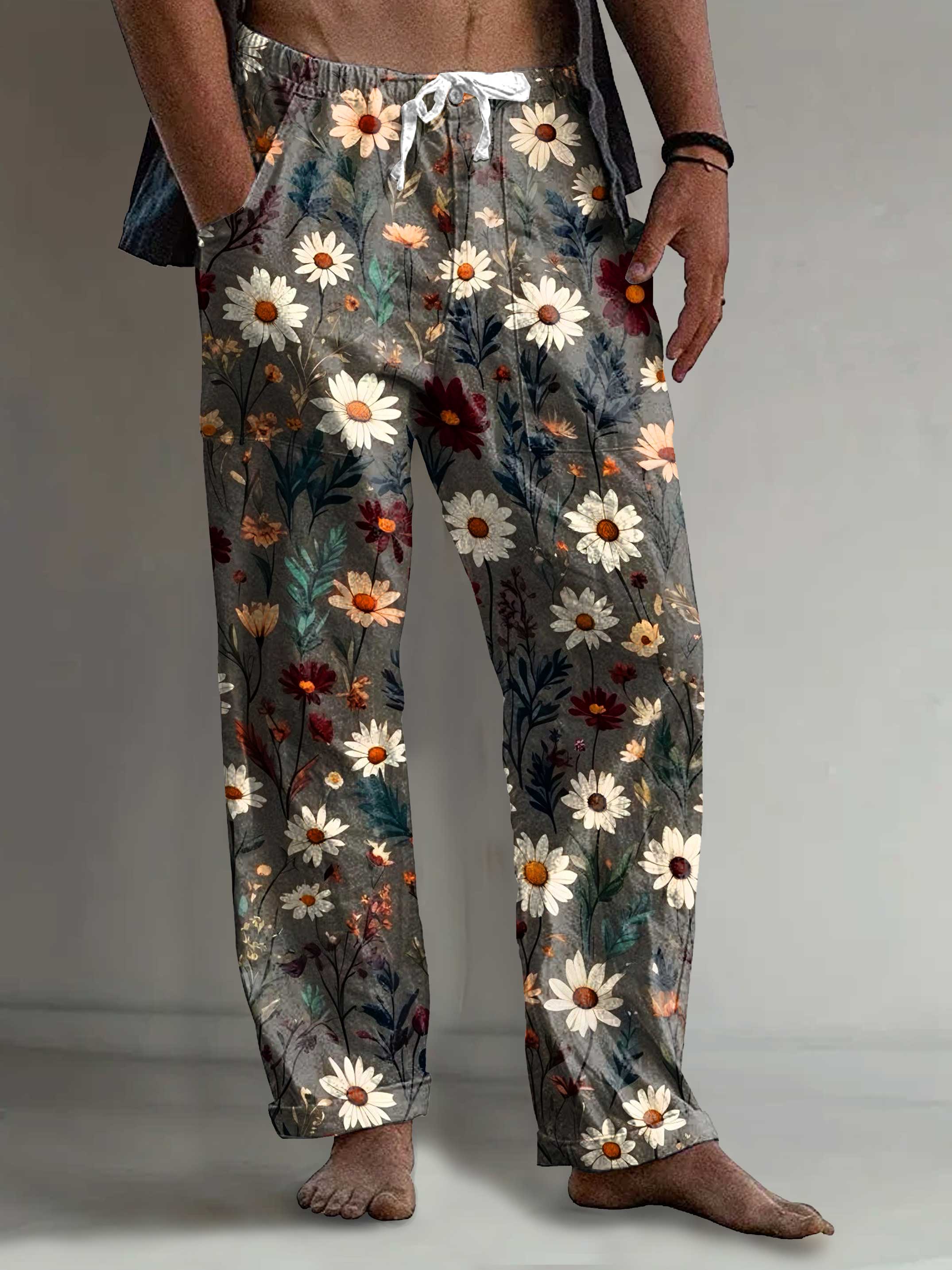 Men's Vintage Daisy Art Print Comfy 100% Cotton Pants