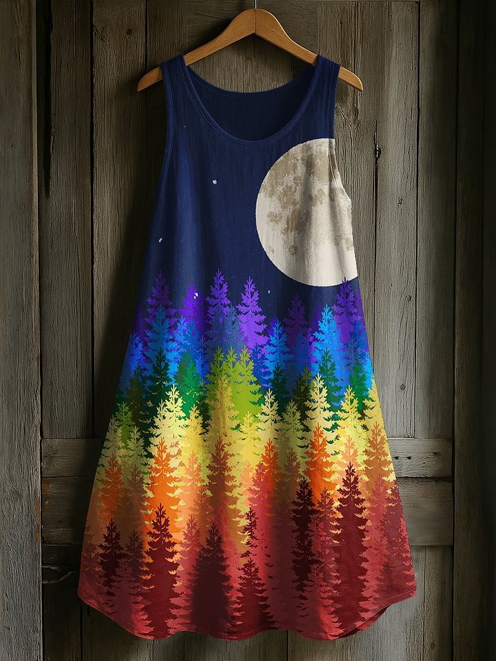 Moonlight Rainbow Tree Art Print Casual Tank Dress