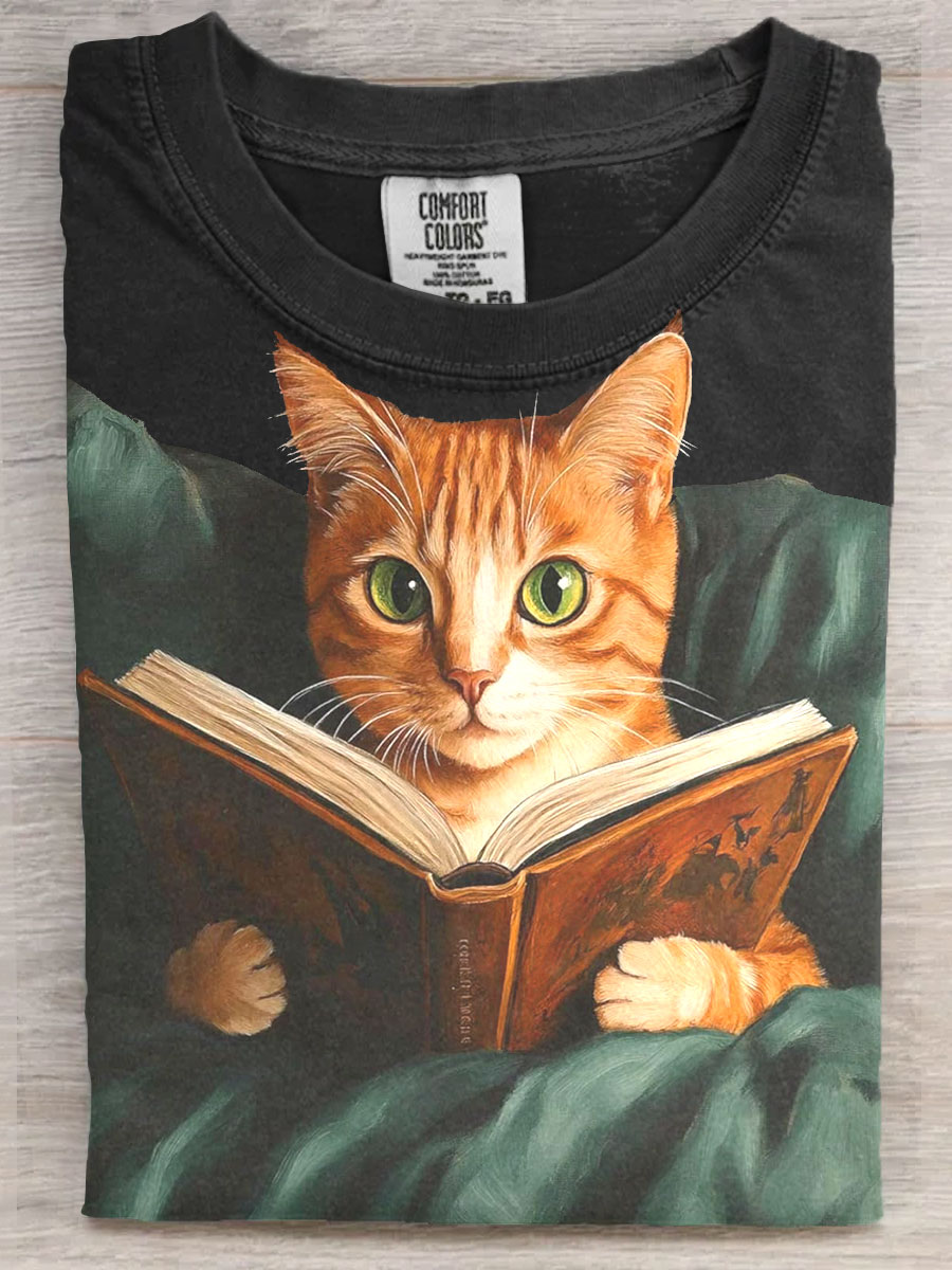 Reading Book Cat Art Casaul Short Sleeve T-shirt