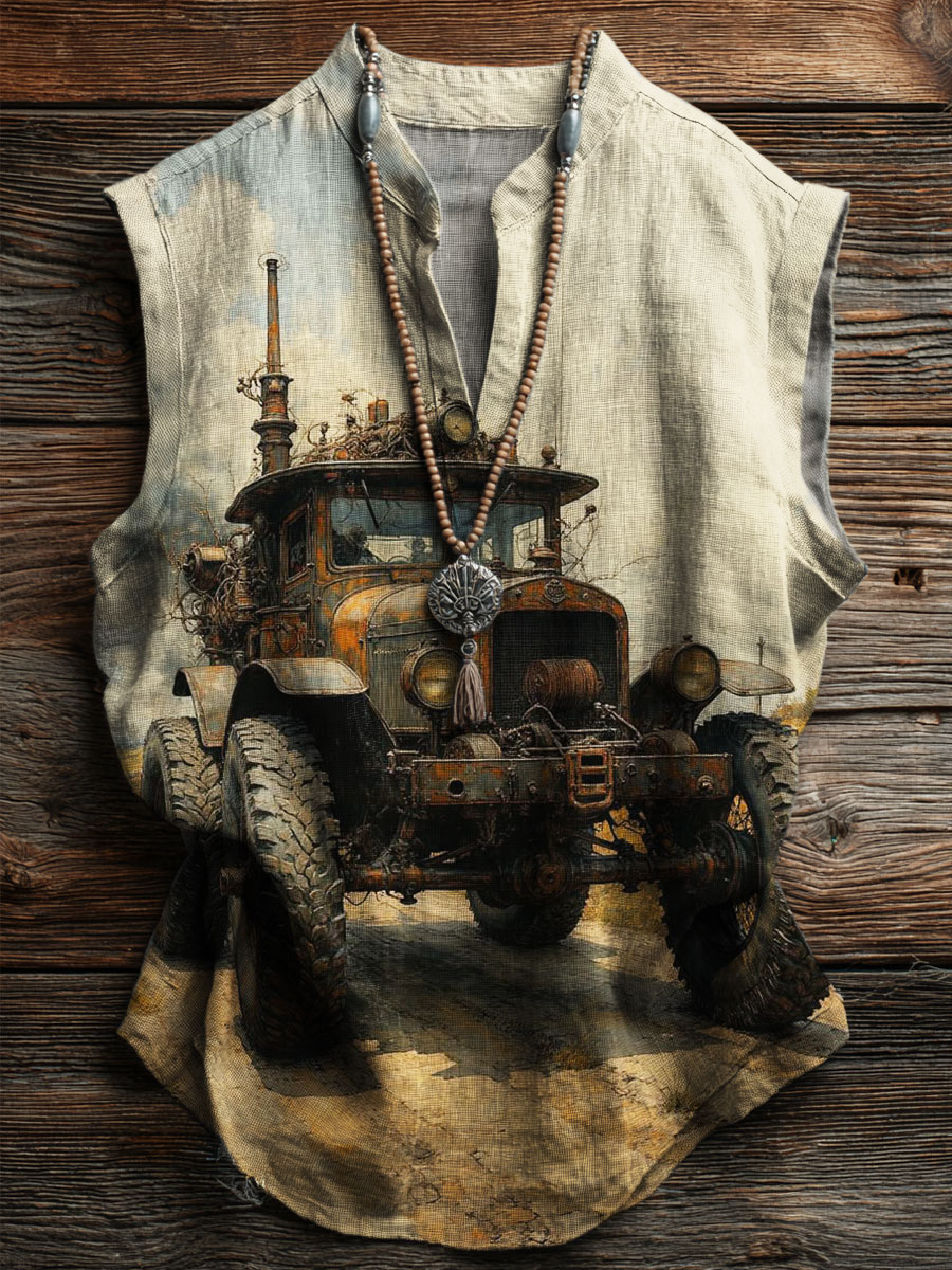 Vintage Cars Print Casual Tank Top