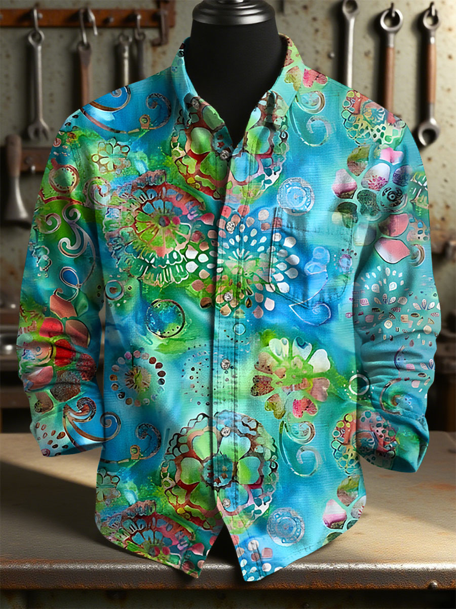 Vintage Multicolor Flowers Art Print 100% Cotton Long Sleeve Shirt