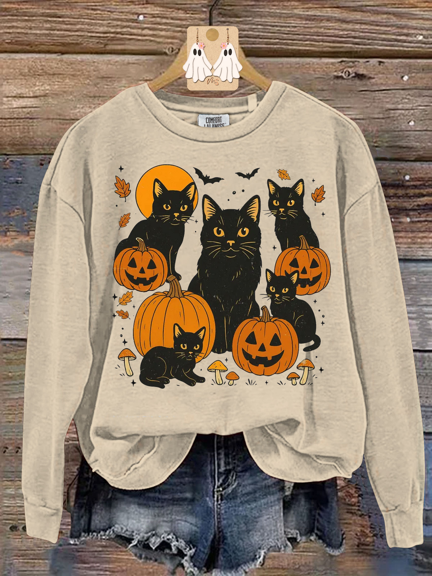 Black Cat Pumpkin Print Casual Sweatshirt