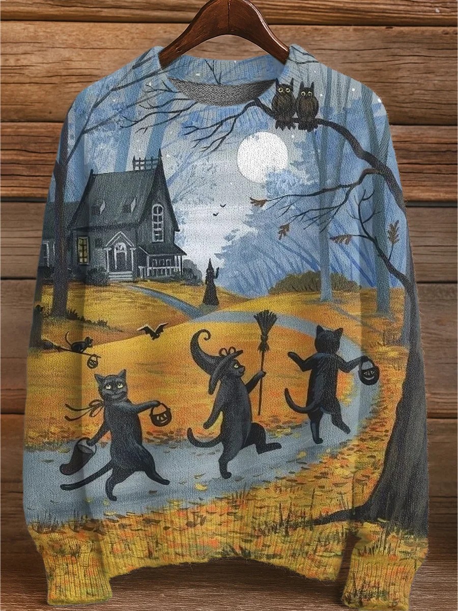 Witch's Black Cat Halloween Art Print Knit Pullover Sweater