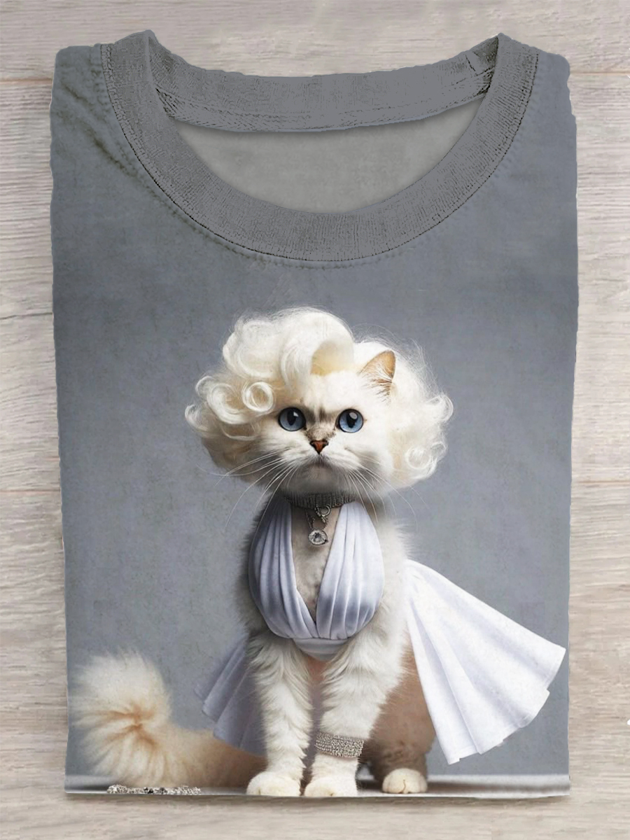 Funny Cat Printed Vintage Fashion Loose Short Sleeve T-Shirt