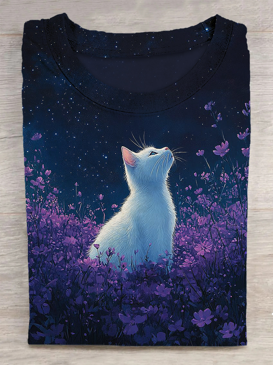 Unisex Cat And Starry Sky Printed Vintage Fashion Loose Short Sleeve T-Shirt