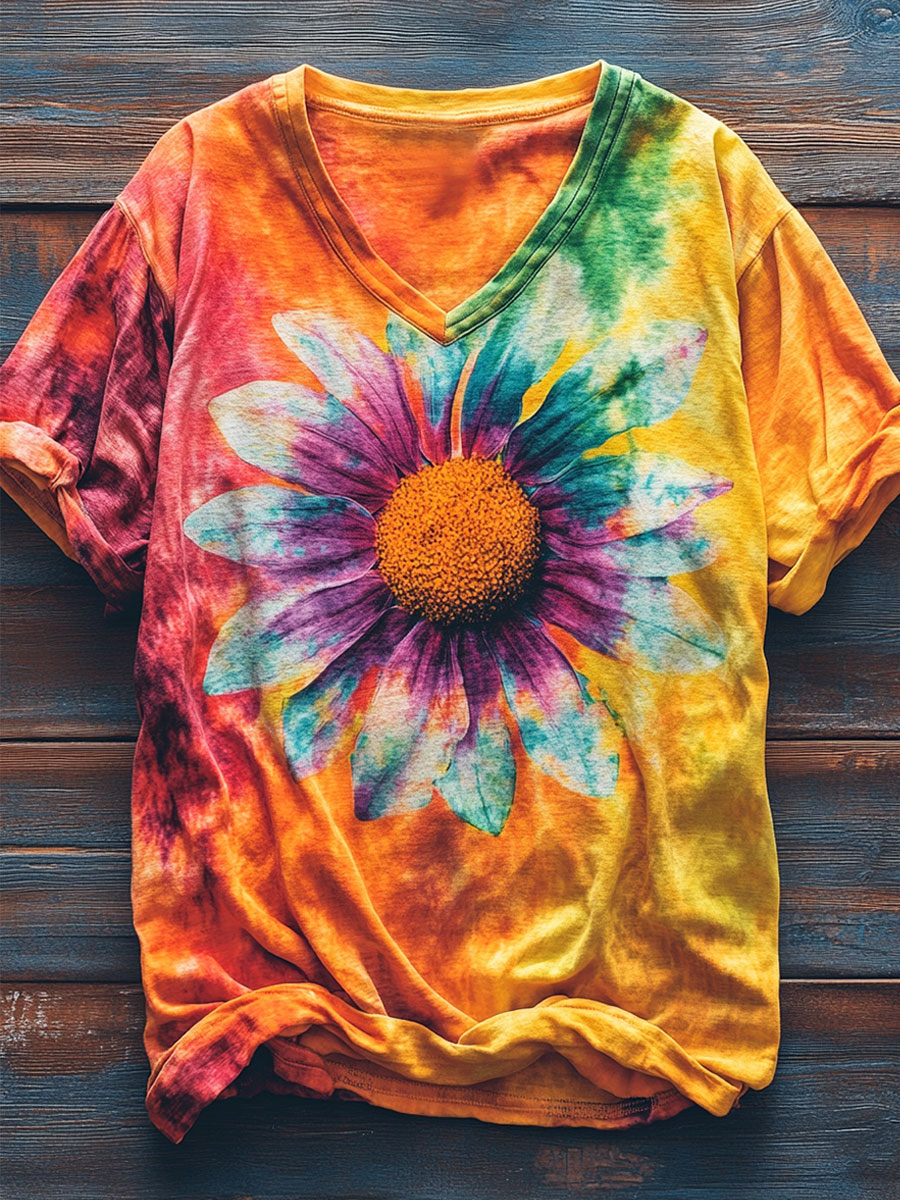 Colorful Daisy Print Casual Top
