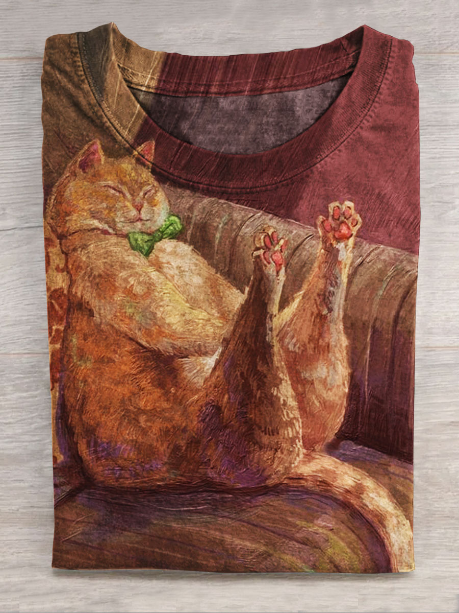 Cat Print Casual Short-sleeved Top