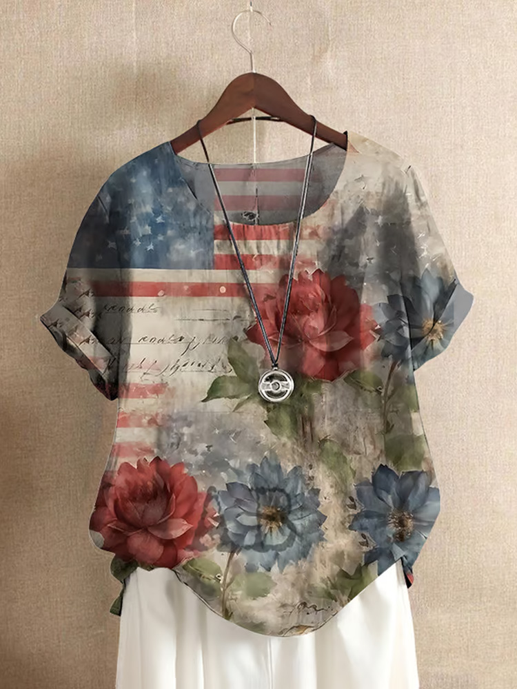 Women's Casual Cotton And Linen Round Neck Independence Day Floral Shirt
