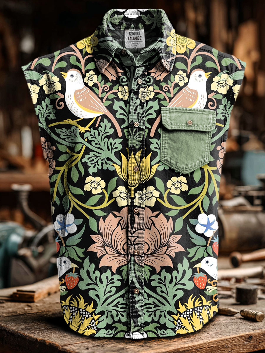 Vintage Floral Bird Art Print Casual Sleeveless Pocket Collar Shirt