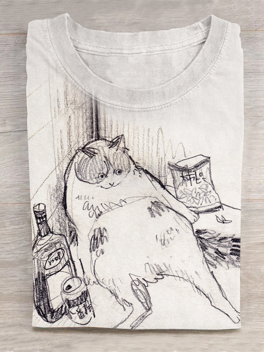 Funny Cat Art Print Printed T-shirt